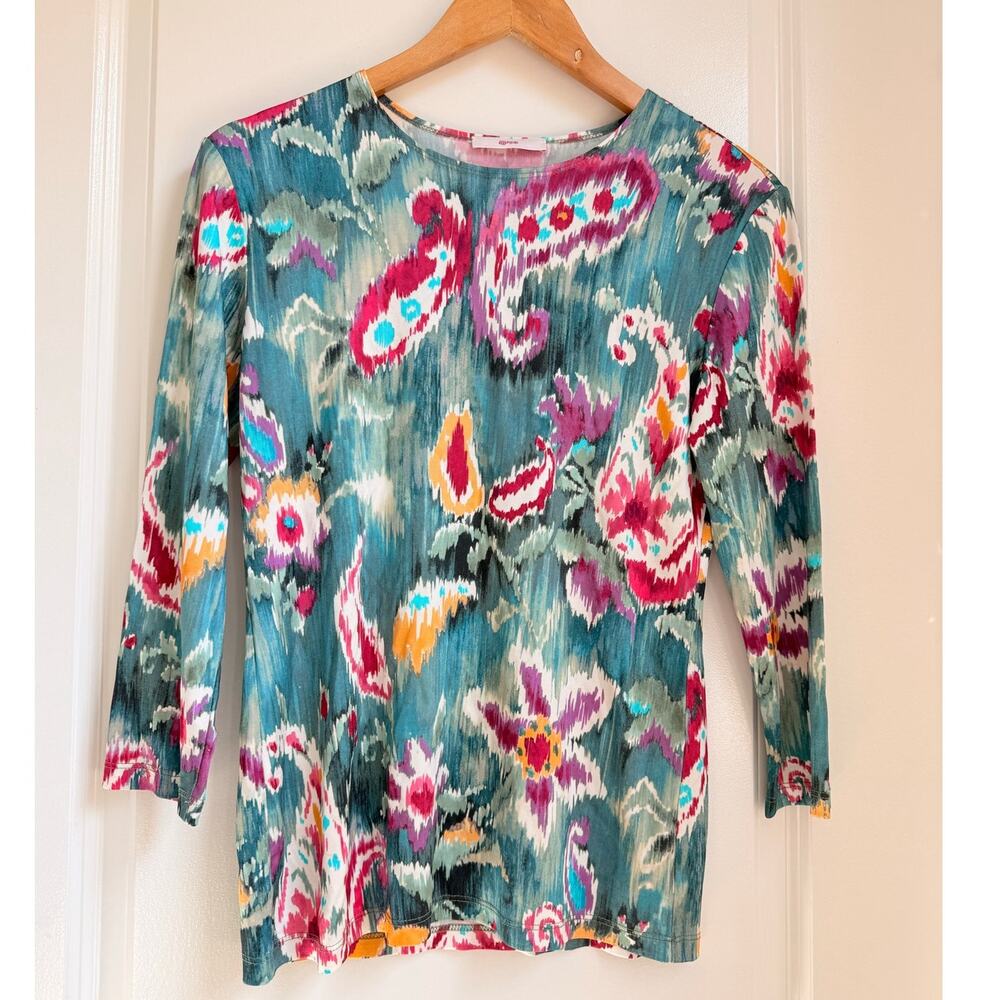 Leggiadro Round Neck Lione Tunic Tee‎ in Paisley Teal Ikat Size 2 195$ MSRP